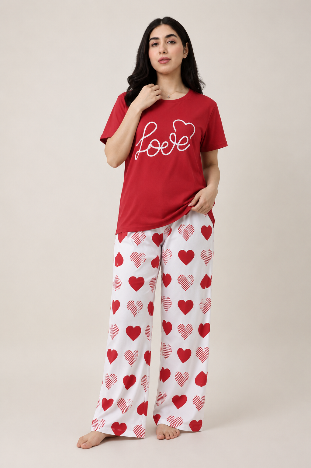 Women's Love Heart Print Night Suit – Red Graphic T-Shirt & White Pajama Set